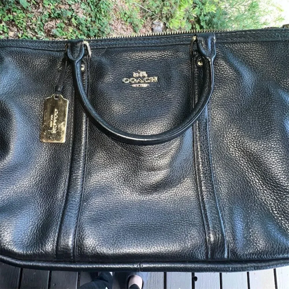 COACH Black Leather Satchel Shoulder Bag w Gold Hardware & Detachable Strap
